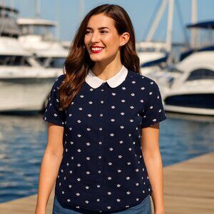 Brooks Brothers Navy Blue Shirt w/ White Peter Pan Collar Short Slvs White Crabs